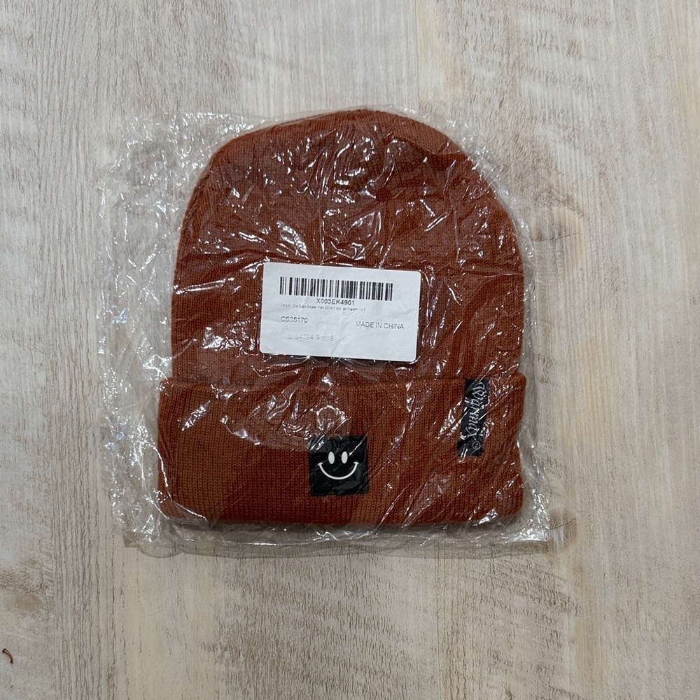 Brown Knit Beanie with Smiley Patch